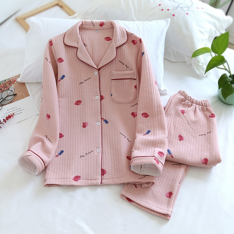 Warm Japanese style long-sleeved pure cotton pajamas set - FabFemina