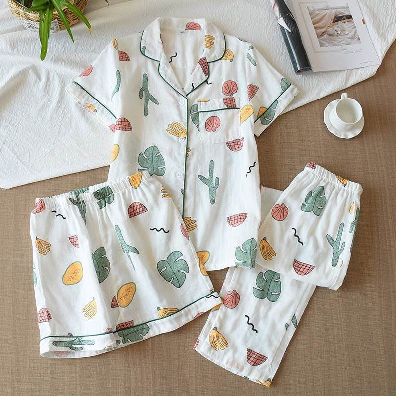 Three-piece 100% cotton gauze short-sleeved top trouser and shorts pajamas set - FabFemina