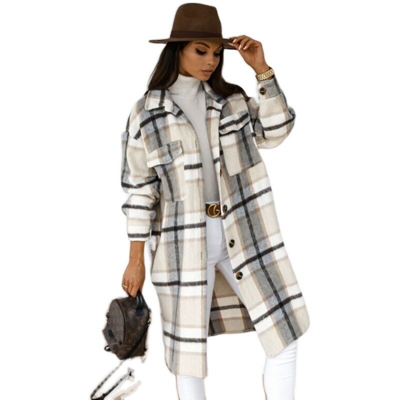 Winter Plaid Shirt Jacket Turn Down Collar Long Oversize Coat for Women - FabFemina