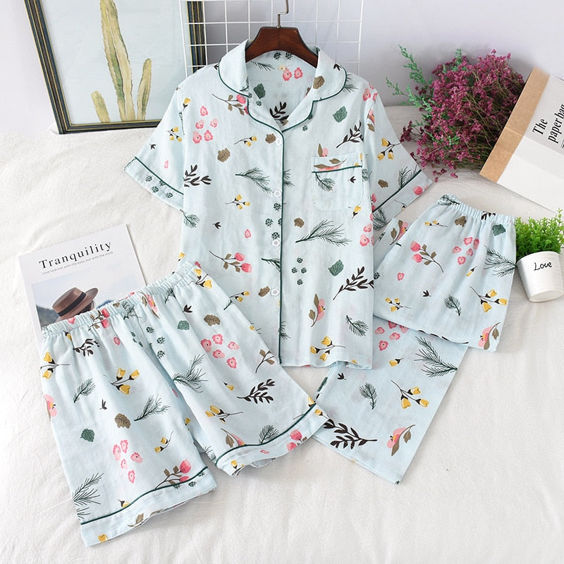 Three-piece 100% cotton gauze short-sleeved top trouser and shorts pajamas set - FabFemina