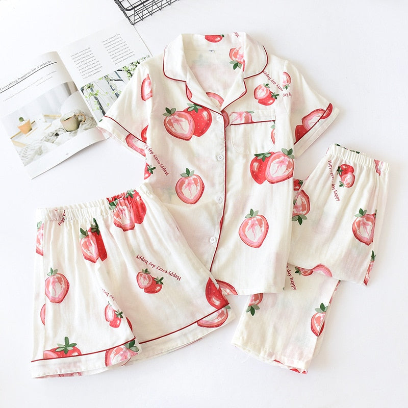 Three-piece 100% cotton gauze short-sleeved top trouser and shorts pajamas set - FabFemina