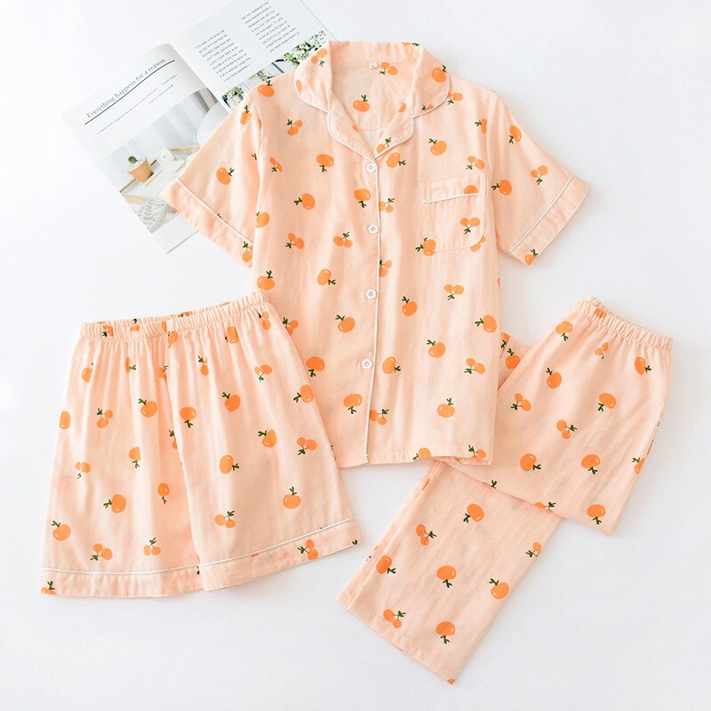 Three-piece 100% cotton gauze short-sleeved top trouser and shorts pajamas set - FabFemina