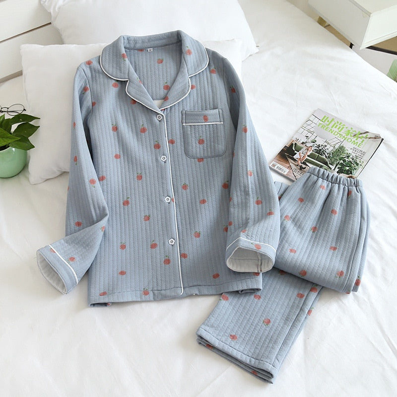 Warm Japanese style long-sleeved pure cotton pajamas set - FabFemina