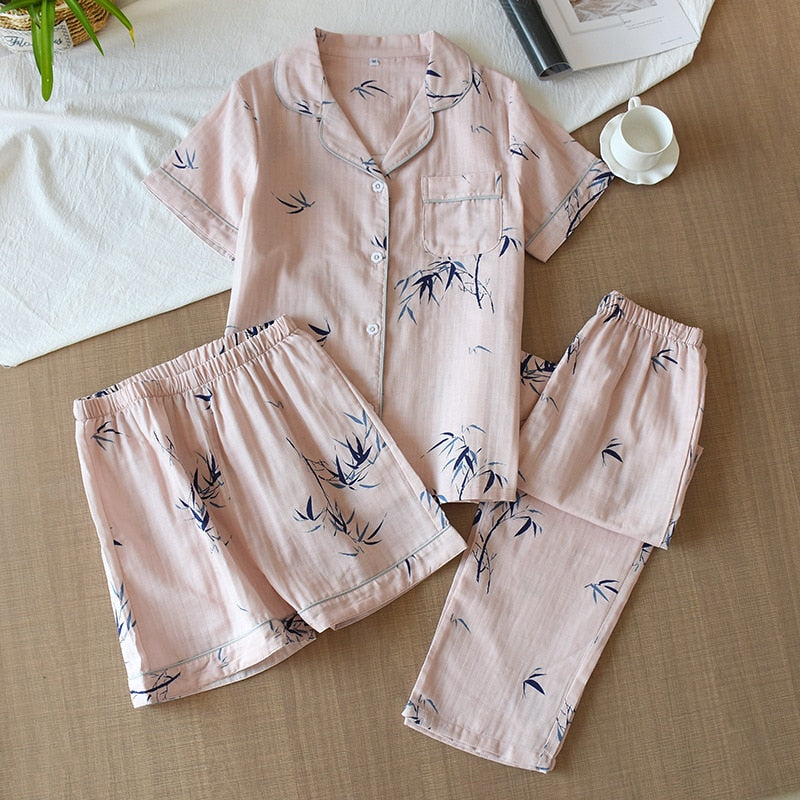 Three-piece 100% cotton gauze short-sleeved top trouser and shorts pajamas set - FabFemina