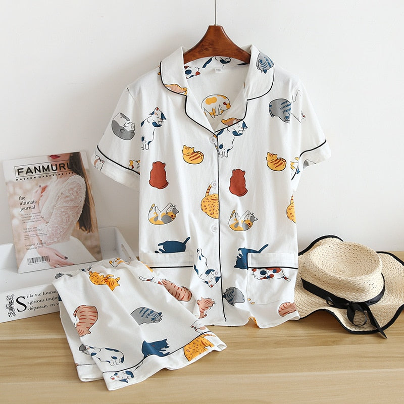 Cute cartoon print cotton short pajamas set - FabFemina