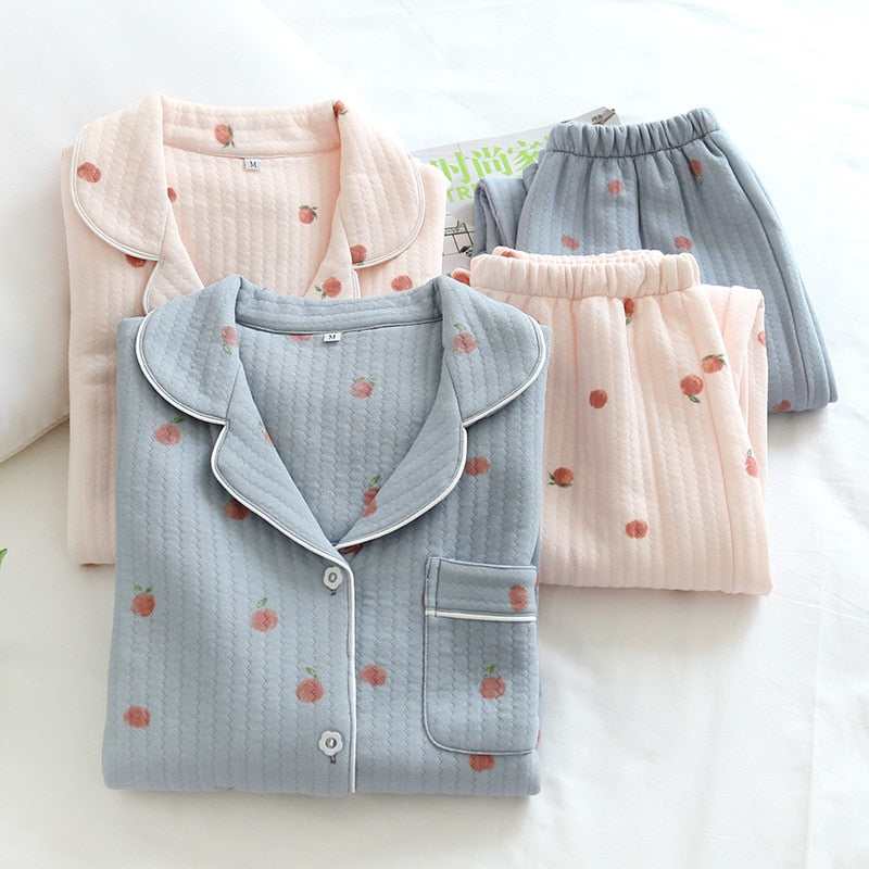 Warm Japanese style long-sleeved pure cotton pajamas set - FabFemina