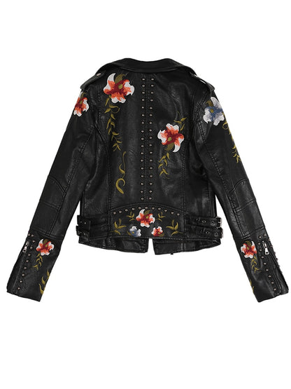 Women Floral Print Embroidery Faux Soft Leather Jacket Coat Turn-down Collar Casual Pu Motorcycle Black Punk Outerwear - FabFemina
