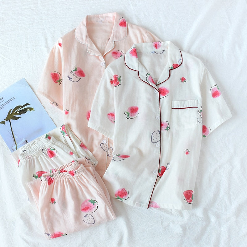 Cute simple 100% cotton gauze short pajamas set - FabFemina