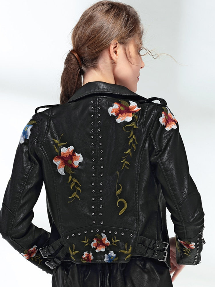 Women Floral Print Embroidery Faux Soft Leather Jacket Coat Turn-down Collar Casual Pu Motorcycle Black Punk Outerwear - FabFemina