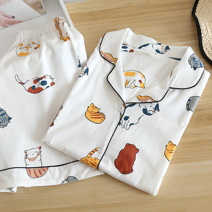 Cute cartoon print cotton short pajamas set - FabFemina