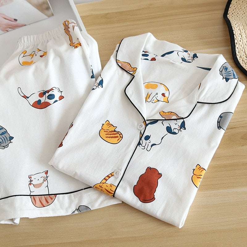 Cute cartoon print cotton short pajamas set - FabFemina