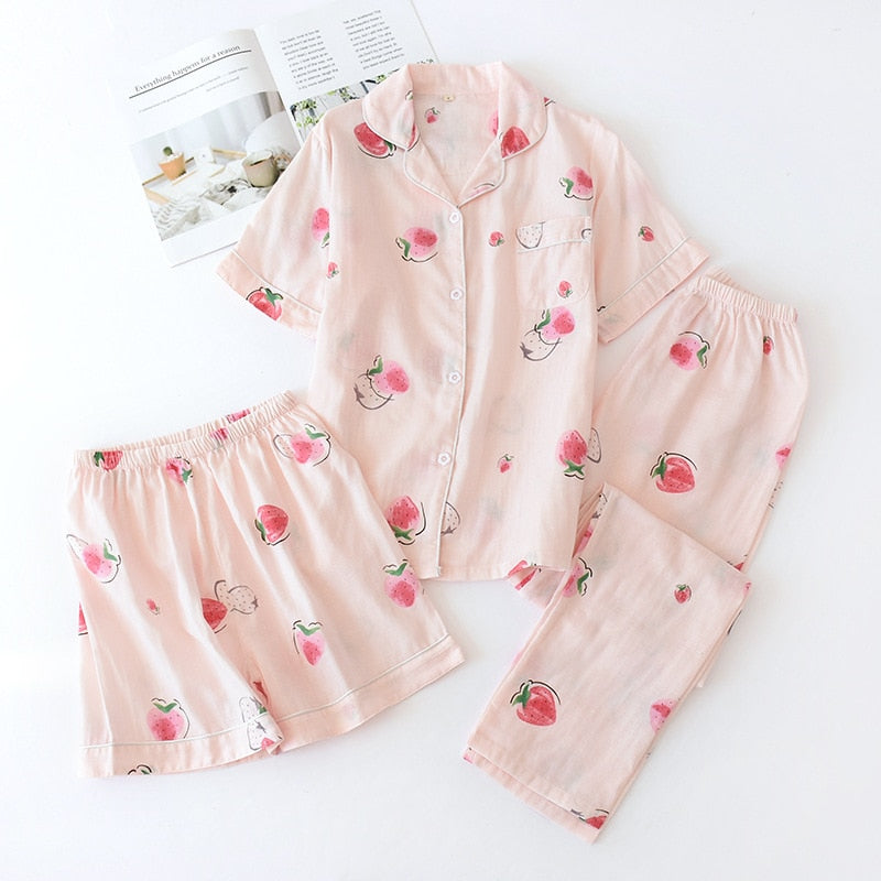Three-piece 100% cotton gauze short-sleeved top trouser and shorts pajamas set - FabFemina