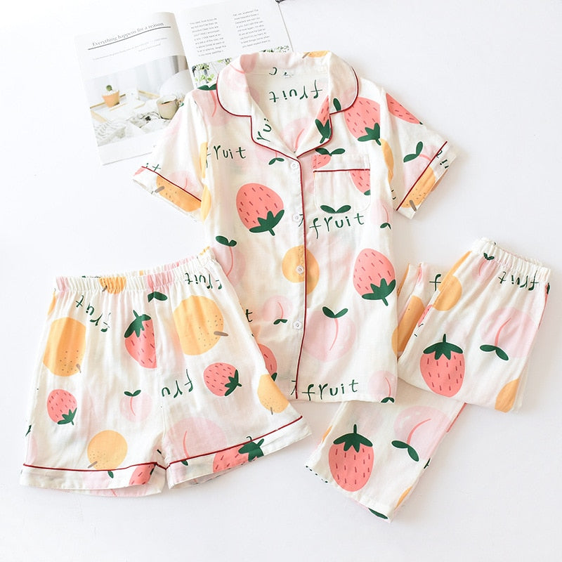 Three-piece 100% cotton gauze short-sleeved top trouser and shorts pajamas set - FabFemina