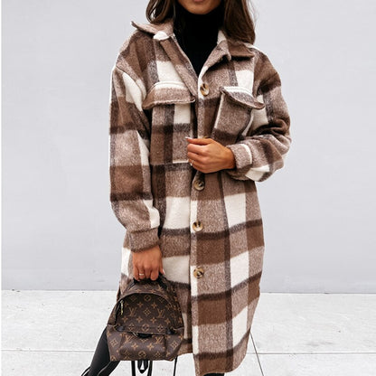 Winter Plaid Shirt Jacket Turn Down Collar Long Oversize Coat for Women - FabFemina