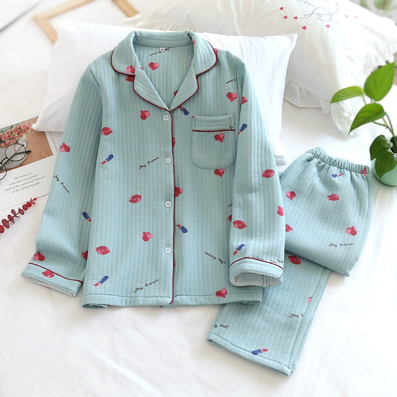 Warm Japanese style long-sleeved pure cotton pajamas set - FabFemina