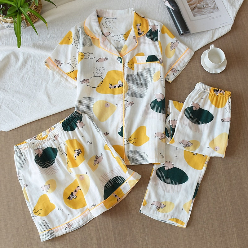 Three-piece 100% cotton gauze short-sleeved top trouser and shorts pajamas set - FabFemina