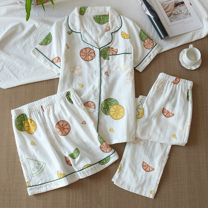 Three-piece 100% cotton gauze short-sleeved top trouser and shorts pajamas set - FabFemina