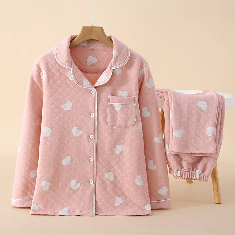 Warm Japanese style long-sleeved pure cotton pajamas set - FabFemina