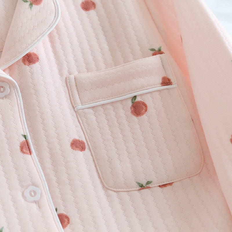 Warm Japanese style long-sleeved pure cotton pajamas set - FabFemina