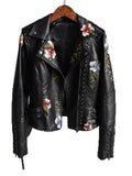 Women Floral Print Embroidery Faux Soft Leather Jacket Coat Turn-down Collar Casual Pu Motorcycle Black Punk Outerwear - FabFemina