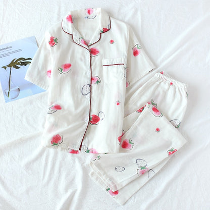 Cute simple 100% cotton gauze short pajamas set - FabFemina