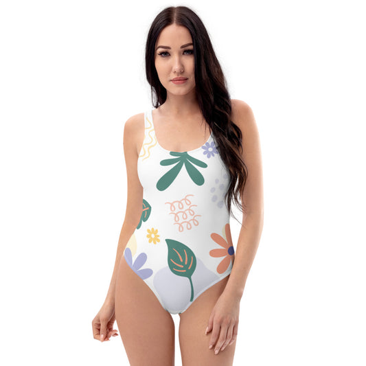 Floral Leaf Print One-Piece Swimsuit - FabFemina