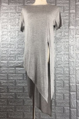 Solid Color Asymmetrical Vent Long Round Neck Short Sleeve T-shirt - FabFemina