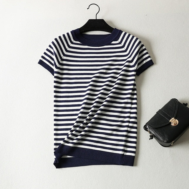 Knitted Striped Cute Short Sleeve T-shirt for Women - FabFemina