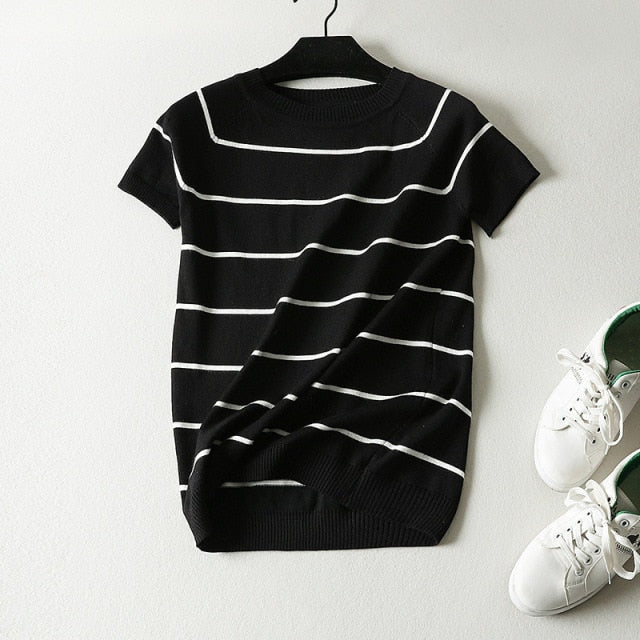 Knitted Striped Cute Short Sleeve T-shirt for Women - FabFemina