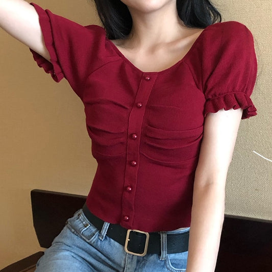 Knitted T Shirt Square Collar Short Sleeve Cropped Tees - FabFemina
