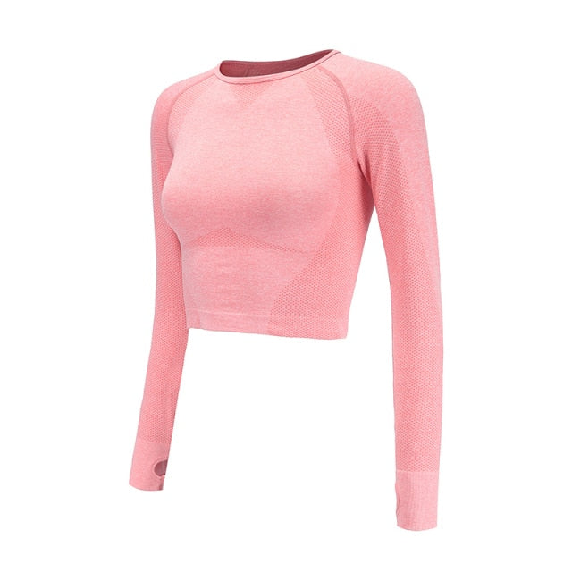 Cropped Seamless Long Sleeve Top Thumb Hole Fitted Workout Shirts for Women - FabFemina