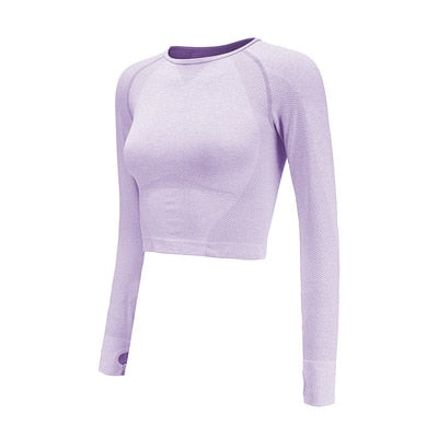Cropped Seamless Long Sleeve Top Thumb Hole Fitted Workout Shirts for Women - FabFemina