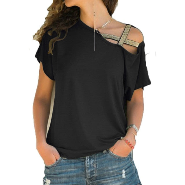 Women Skew Neck T-Shirt Criss Cross Off Shoulder Solid Tops - FabFemina